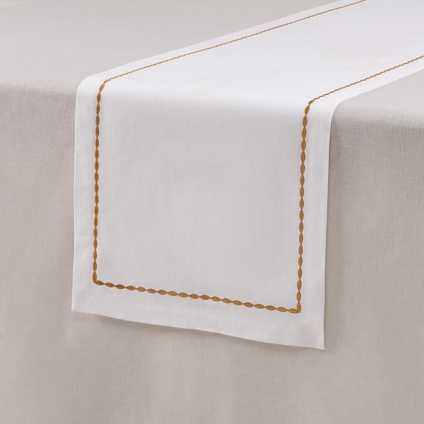 Cotton Linen White Table Runner 72 Inches Long – Spring, Summer Farmhouse Table Runner with Motif Embroidery – Washable Fabric Scarf for Wedding Decoration, Gift