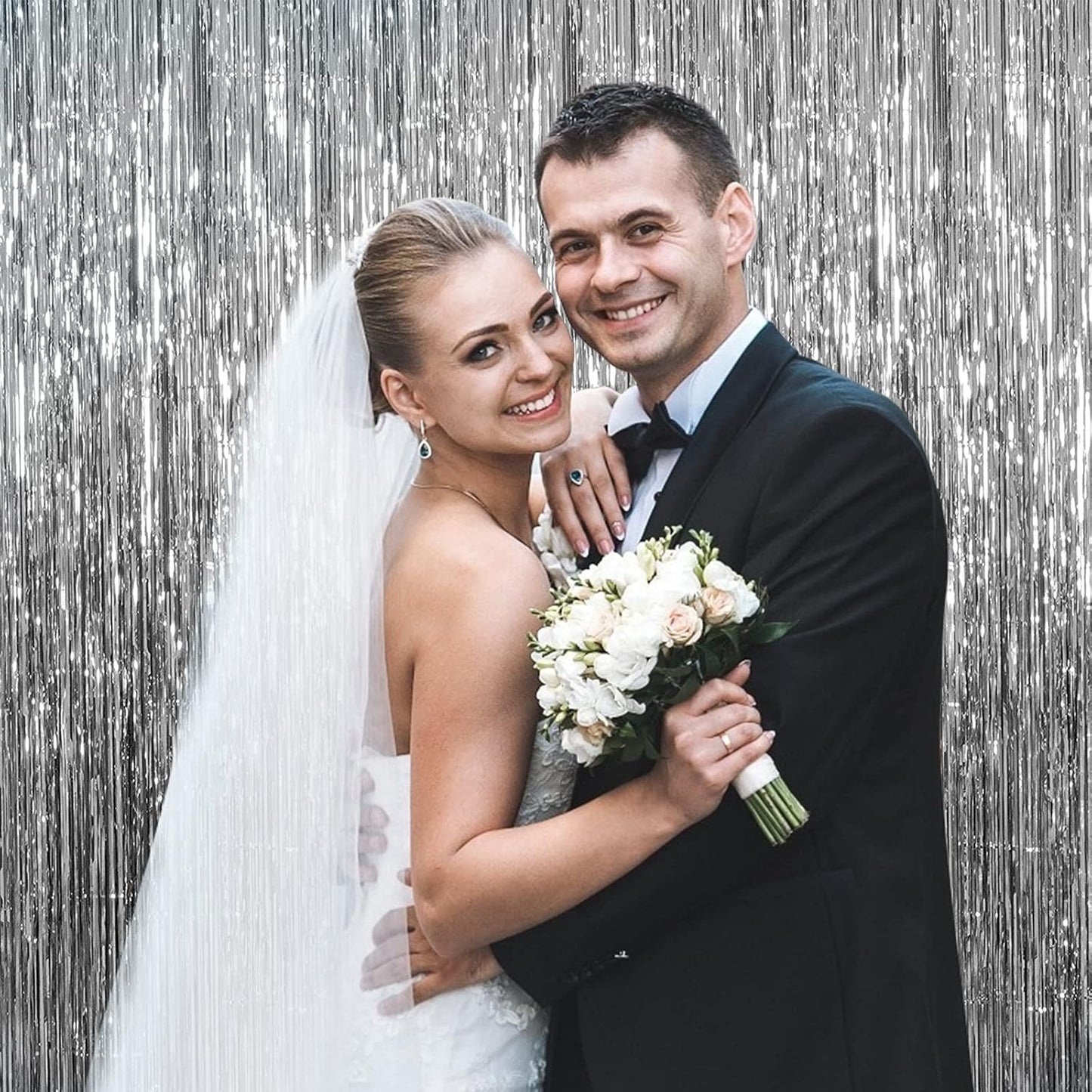 10 Pack Foil Curtain Backdrop Silver Metallic Tinsel Foil Fringe Curtains Photo Booth Props for Birthday Wedding Engagement Baby Shower Bachelorette Christmas Holiday Celebration Party