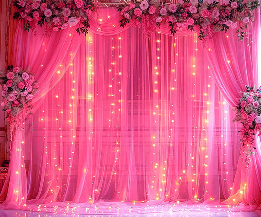 Hot Pink Tulle Backdrop Curtain with Lights String for Parties 30x8ft Fuchsia Sheer Backdrop Curtains for Weddings Birthday Party Baby Shower Photo Shoot Background Decorations(6 Panels 5ft×8ft)