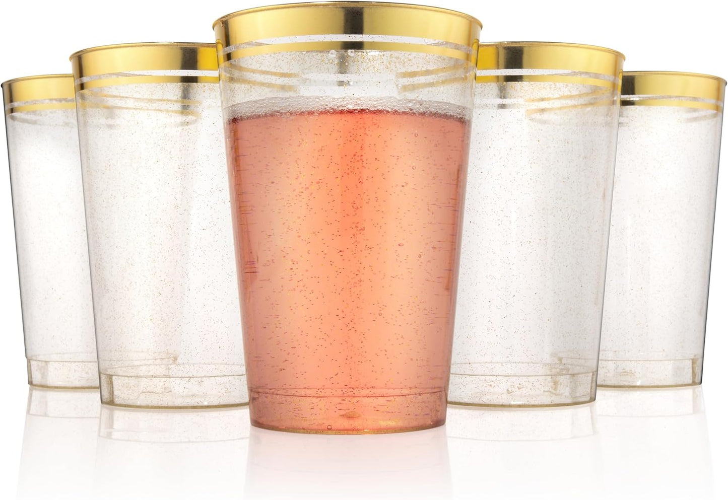 Perfect Settings 100 Premium 12oz Hard Plastic Cups Clear Glitter Gold Plastic Double Colored Rimmed Cups Fancy Disposable Wedding Cups Elegant Party Cups with Twin Colored Rim (Glitter Gold Rim, 12)