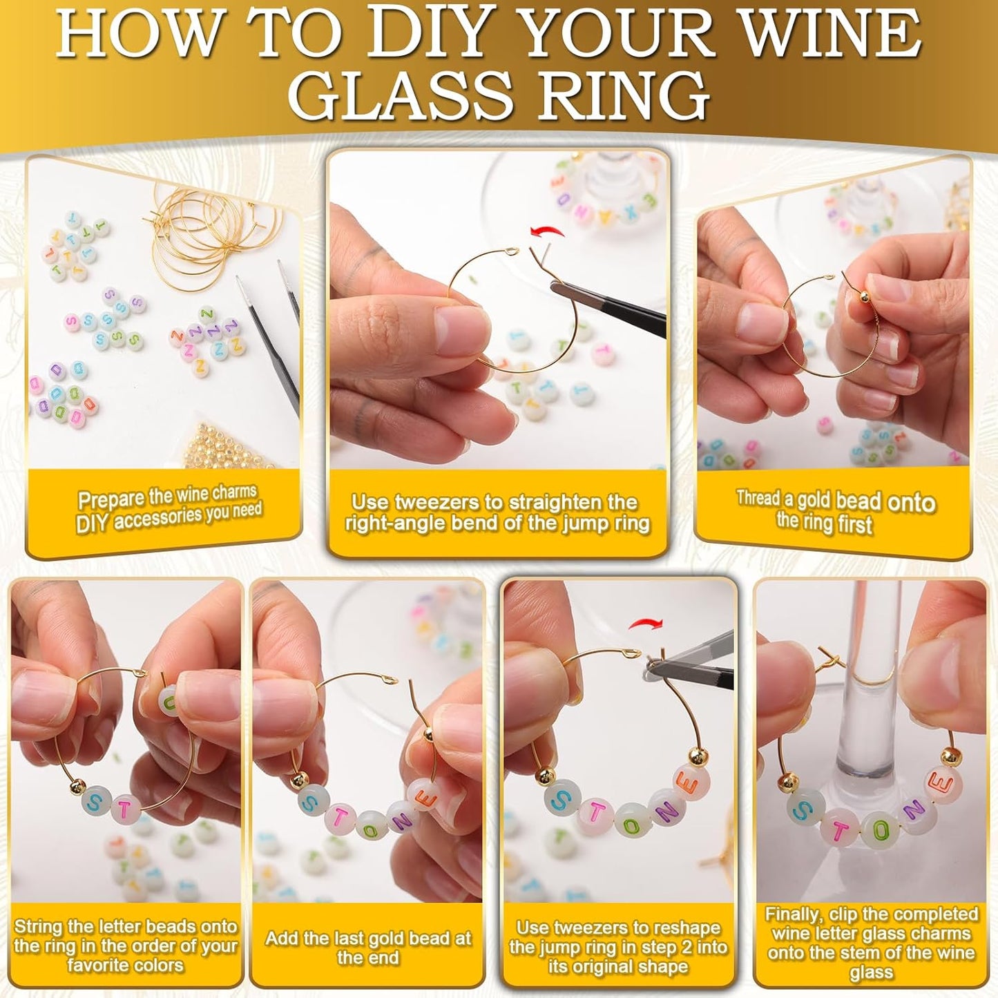 60 Sets DIY Wine Glass Charms – 780 Letter Beads 120 Gold Beads 60 Charm Rings 2 Tweezers, Drink Identifier Charms Wine Glass Marker Tags for Wedding Cocktail Bachelorette Party Decoration (Colorful)