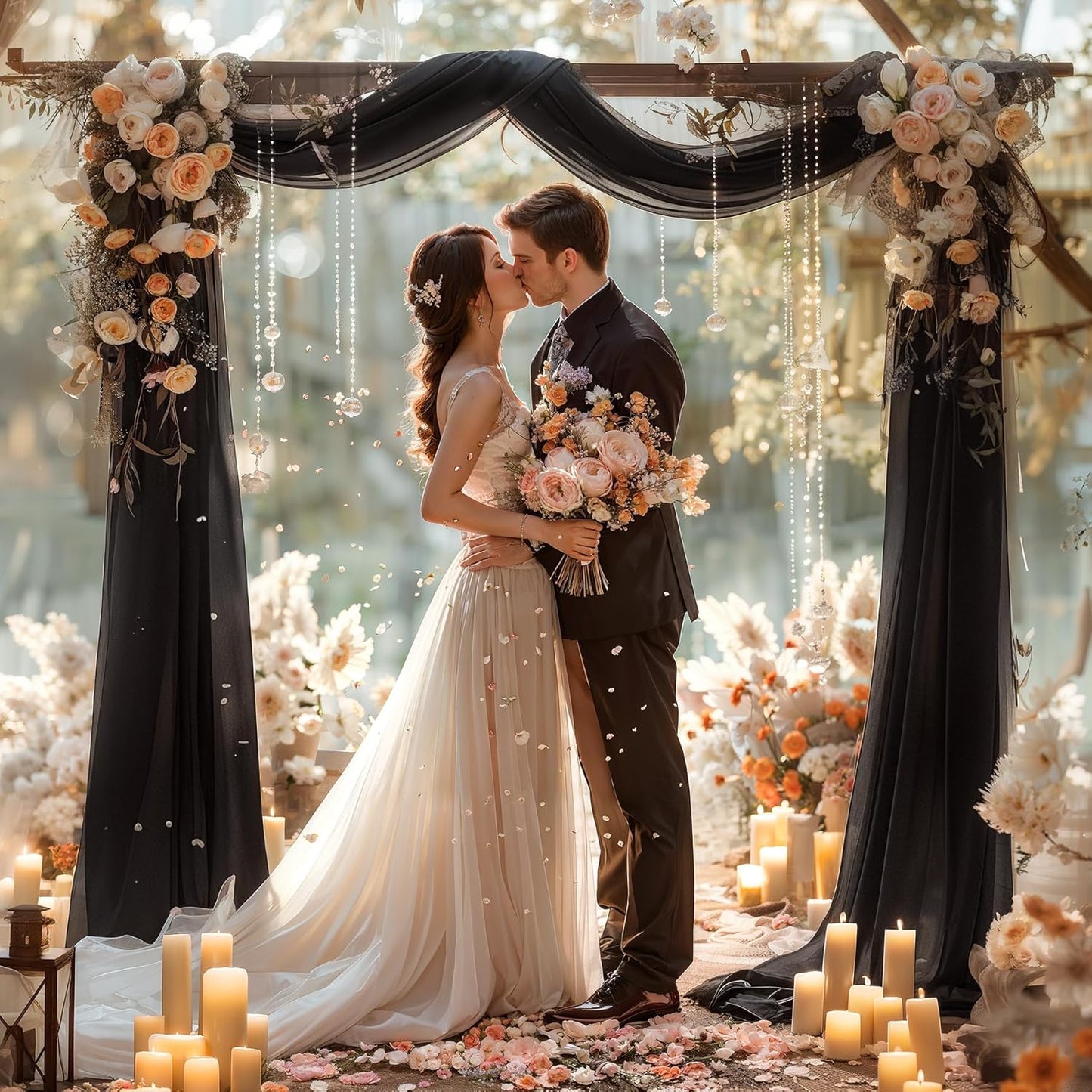 Black Wedding Arch Draping Fabric 2 Panels 30'' x 20FT Black Drapes Sheer Fabric Backdrop Arch Draping Fabrics for Wedding Ceremony Birthday Party Bridal Shower Decoration