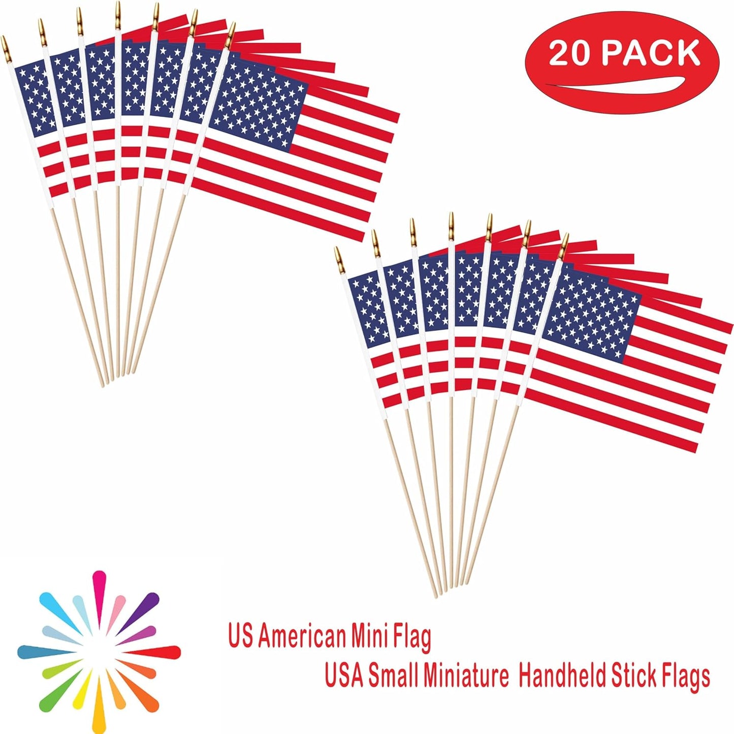 20 Pack US American Mini Stick Flags USA Small Miniature Handheld Flag Decorations,5x8 Inch