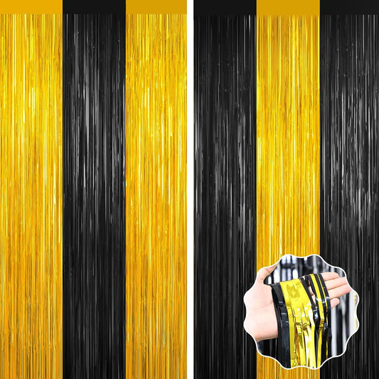 Black and Gold Party Streamers Decoration, 2Pack Graduation Tinsel Backdrop Party Decorations, Foil Fringe Backdrop for 2025 NYE/Anniversary/Farewell/Cocktail/Prom/EID/Birthdays Xmas Wedding Decors