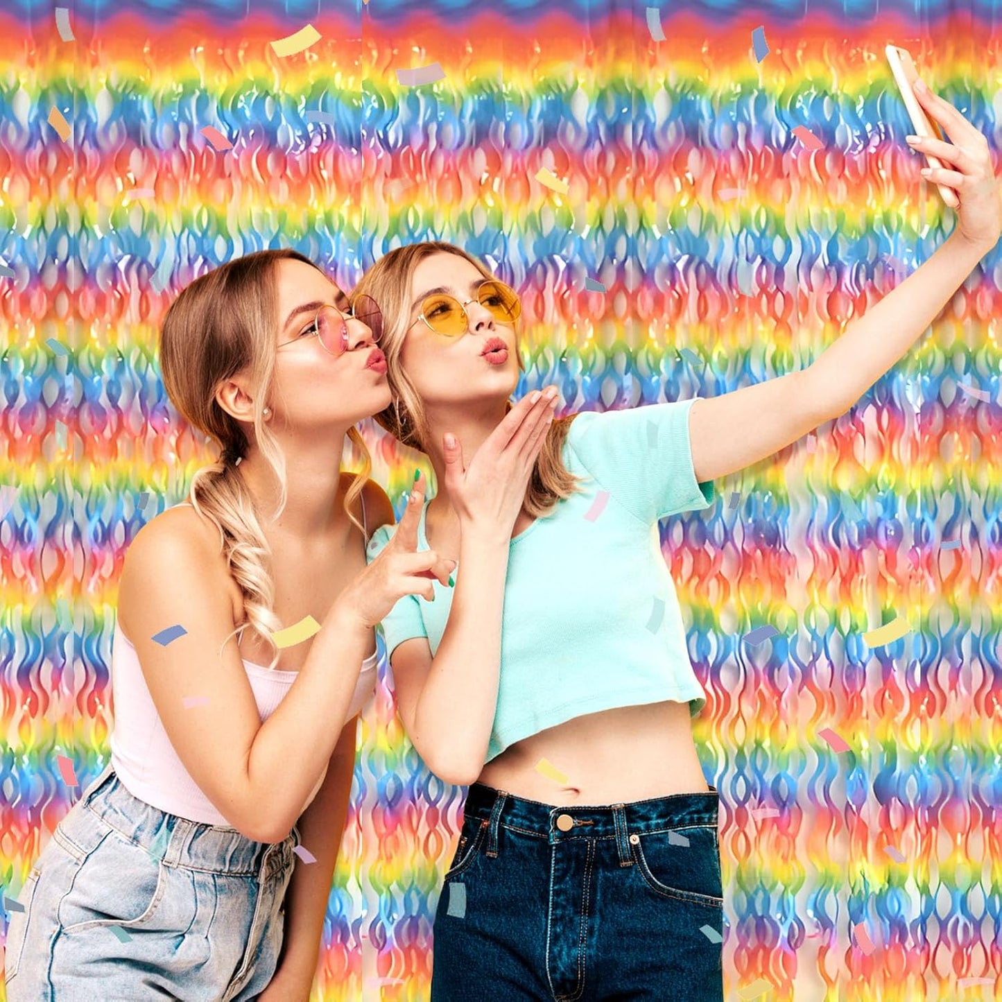 4 Pack Dark Rainbow Wave Foil Fringe Curtain Backdrop, 3.28Ft x 8.2Ft Metallic Tinsel Foil Fringe Streamer Curtains for Photo Booth, Mother's Day, Easter, Birthday, Wedding Party Decoration