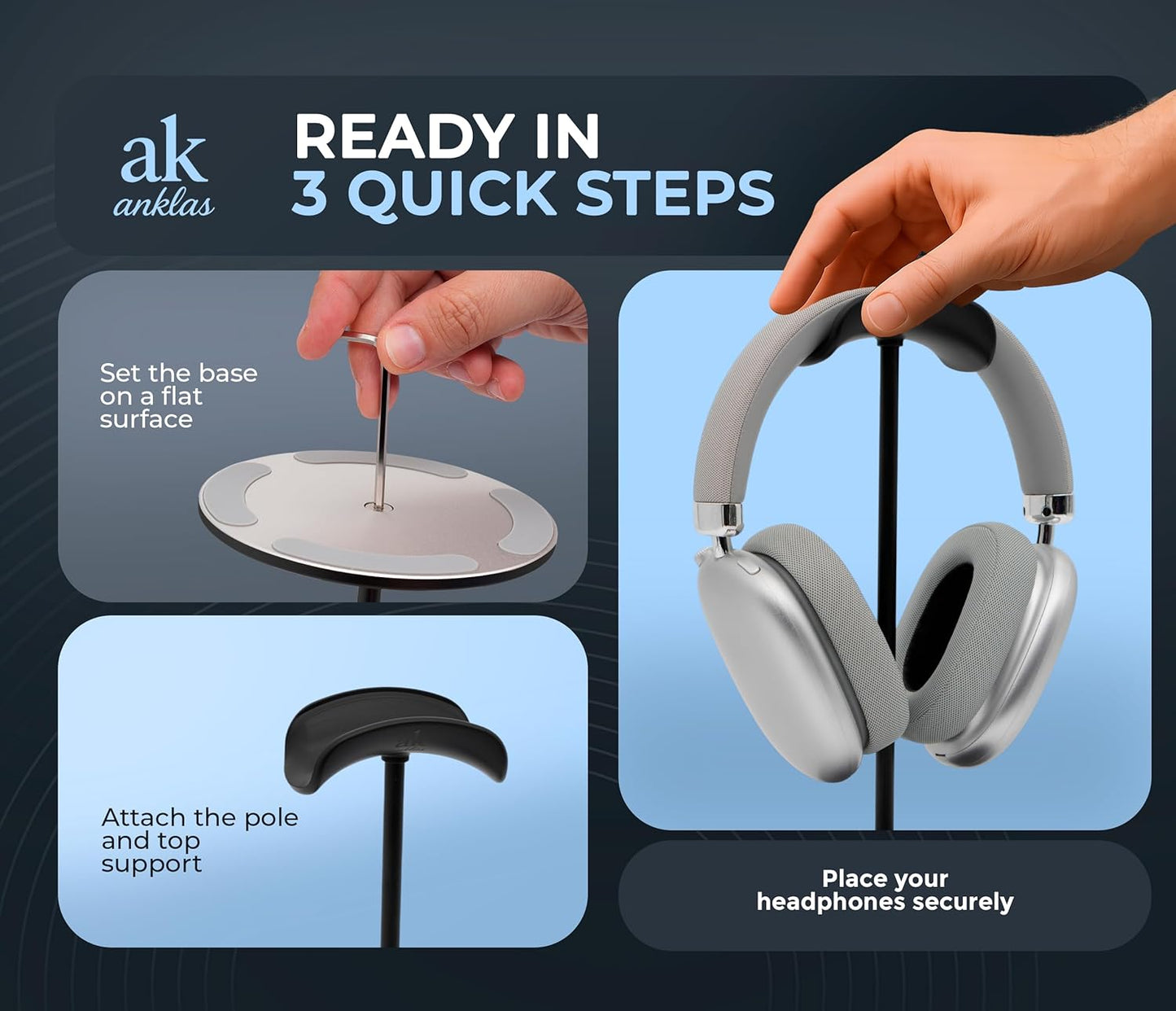 Headphone Stand for Desk – Premium & Minimalist Headset Holder with Round or Oval Base for Gaming, Office & Home (Black, Standard)