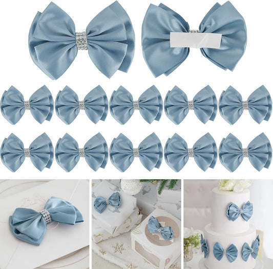 Satin Bows 4'' Premade Dusty Blue Ribbon Bow, Blue Gift Bows With Rhinestone, Wrapping Bows For Presents, Greeting Cards, Treat Bags, Wine Bottles, Valentines Bows For Gift Wrapping-12 Counts