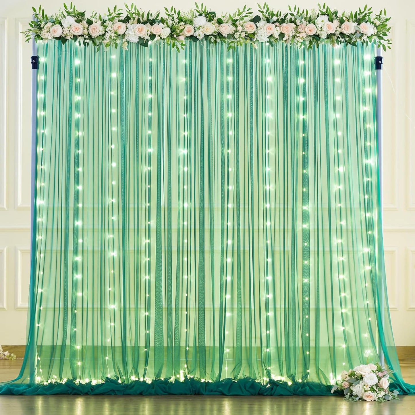 Hunter Green Tulle Backdrop Curtains with Lights String for Parites 10x10ft Sheer Backdrop Curtains Drapes for Birthday Party Bridal Shower Baby Shower Photo Booth Background Decorations