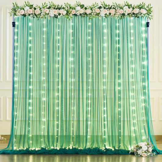 Hunter Green Tulle Backdrop Curtains with Lights String for Parites 10x10ft Sheer Backdrop Curtains Drapes for Birthday Party Bridal Shower Baby Shower Photo Booth Background Decorations