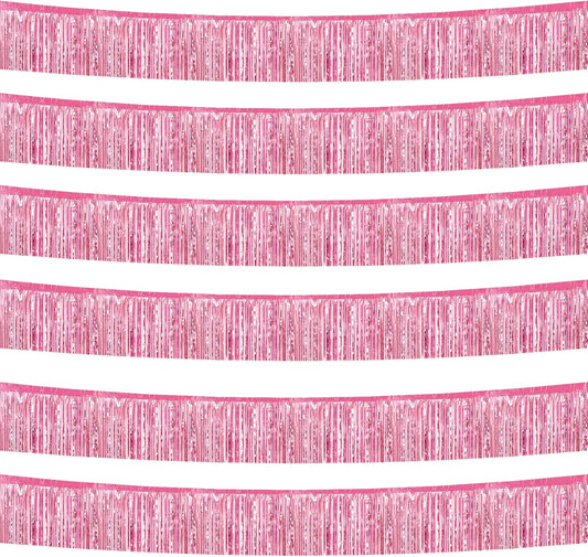 6 Pack 10 Feet Foil Fringe Garland Metallic Tinsel Streamers Banner Wall Hanging Curtain Backdrop Banner for Parade Floats, Thanksgiving, Christmas, Birthday, Halloween Party Decorations(Pink)