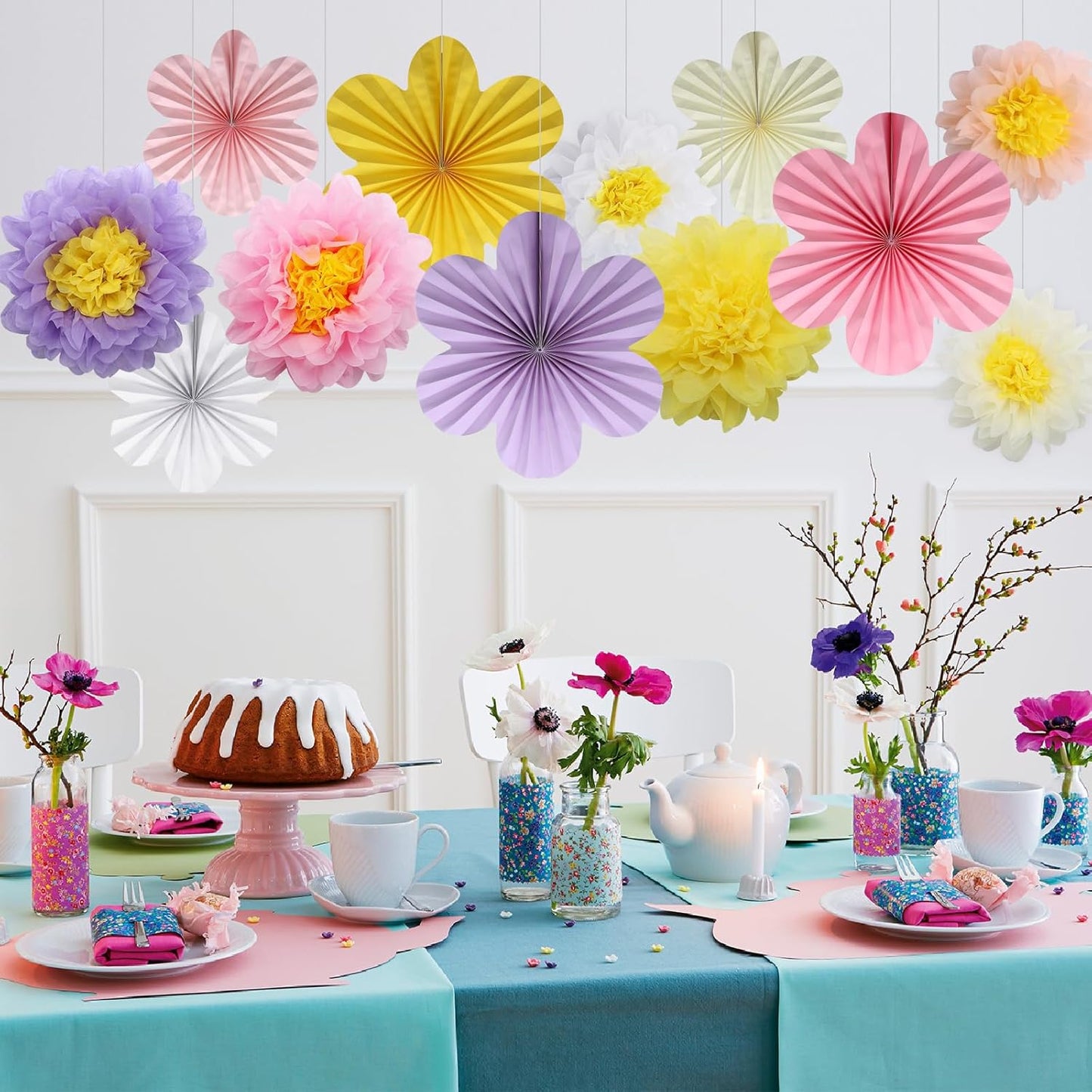 BestoFun 12PCS Paper Flowers Fans Colorful Party Decorations Tissue Paper Flowers Decorations for Girl Groovy Birthday Baby Shower Wedding Bachelorette Room Wall Hanging Décor