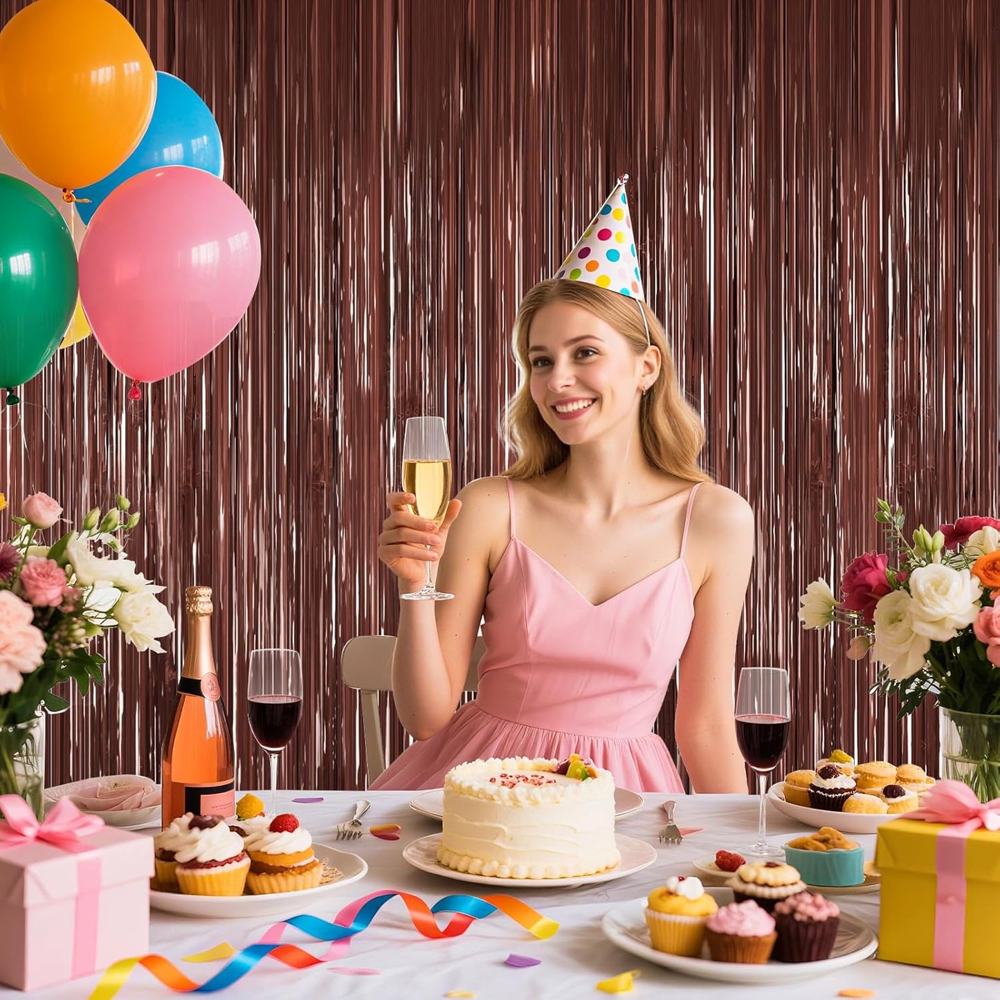 Coffee Brown Metallic Tinsel Backdrop Foil Fringe Curtains 2Packs Door Streamers Backdrop for Birthday Door Decorations, Party Supplies for Bachelorette, Graduation, Christmas Disco Groovy Decors