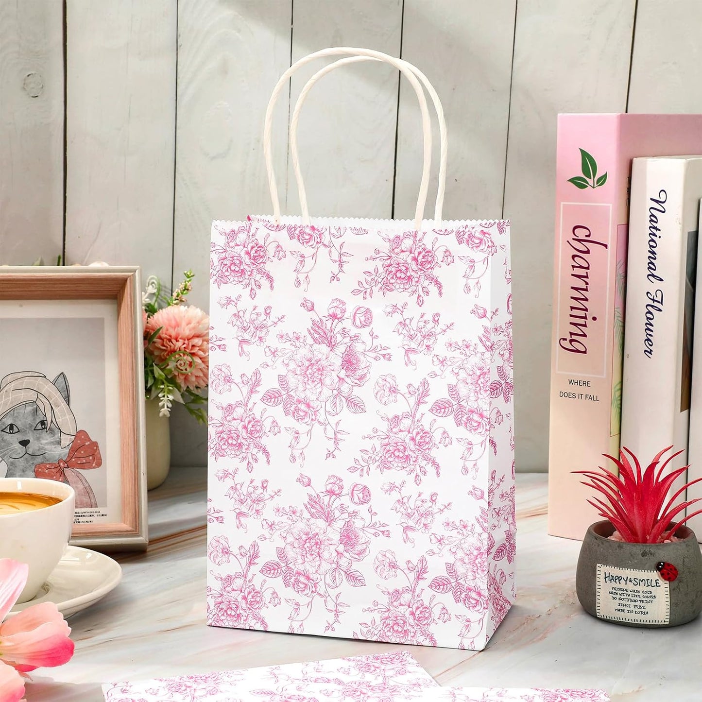JarThenaAMCS 52Pcs Pink Floral Paper Gift Bag Vintage Wildflower Treat Bags with Handles Chinoiserie Candy Goodie Bags for Spring Summer Birthday Wedding Bridal Shower Party Favors Supplies