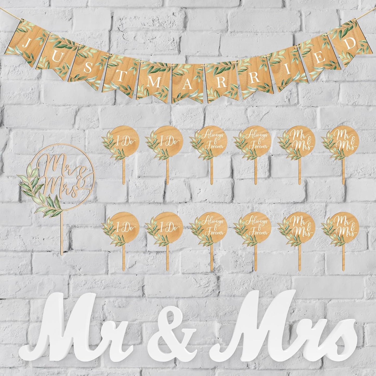 Mr & Mrs Cake Topper & Wedding Cupcake Toppers & Just Married Banner & Mr Mrs Table Sign Green Wedding Decorations in Wood