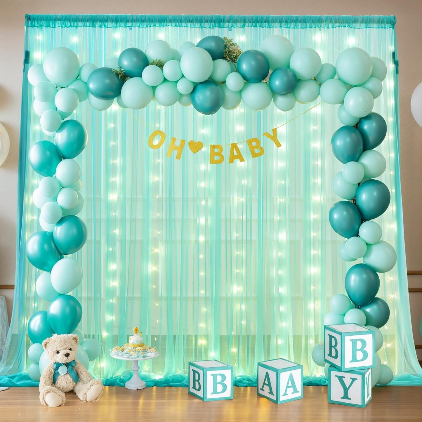 Sage Green Tulle Backdrop Curtains with Lights String for Parites 10x8ft Sheer Backdrop Curtains Drapes for Birthday Party Bridal Shower Baby Shower Christmas Wall Photo Booth Background Decorations