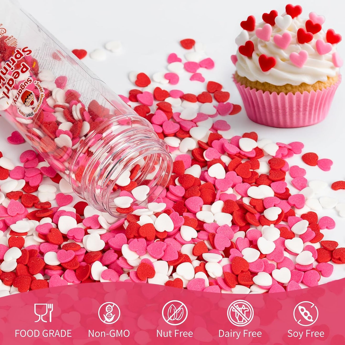 Edible Heart Sprinkles,Red Pink White Heart Shapes Mix,Sugar Sprinkles for Decorations Baking,Cake Ice Cream Cookies Cupcake Toppe Chocolate,Birthday Wedding Valentines Christmas Party Supplie,100g/3.53oz