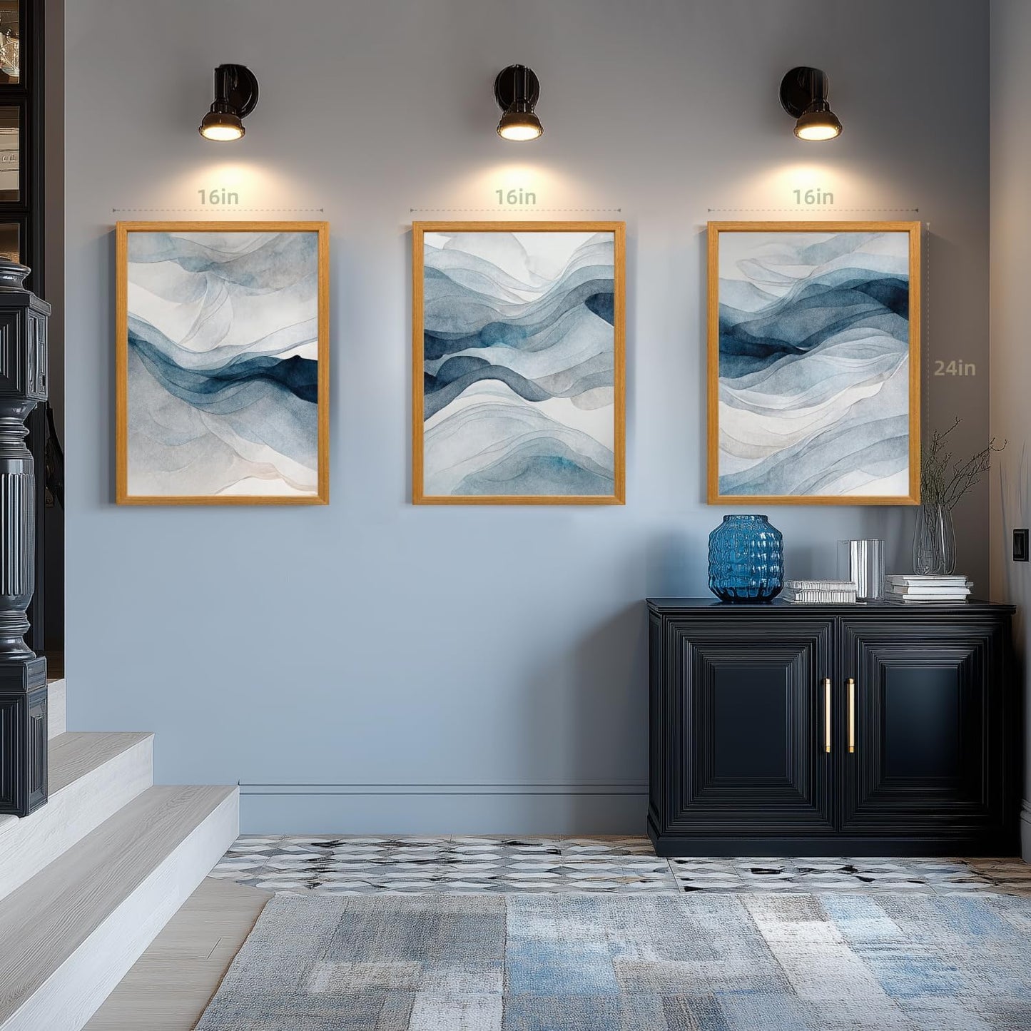 IAFWZX Wood Framed Blue Gray Abstract Wall Art, Modern Minimalist Waves Wall Decor, Neutral Watercolor Line Canvas Paintings, Navy Blue Watercolor Poster Prints for Living Room Office 12"x16"x3