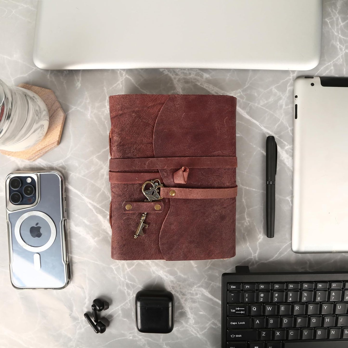 Leather Journal with Lined and Unlined Deckle Edge Paper 8x6 inch and Vintage Key | Handmade Writing Notebook Diary | Bound Daily Notepad for Men & Women Medium, Sketch/Writing pad for Artists
