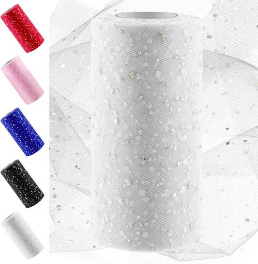Swpeet 6 Inch by 50 Yards White Glitter Tulle Fabric Roll, Fabric Spool Sparkling Tulle Ribbon, Netting Polyester Spool for DIY Birthday Party Wedding Decorations Christmas Craft Supplies