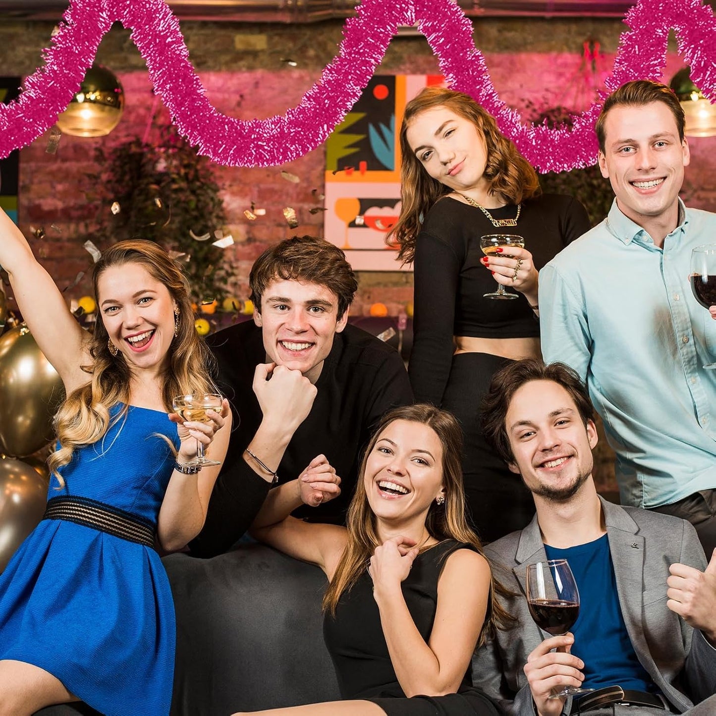 50 Feet Pink Christmas Tinsel Garland, Metallic Foil Twist Banner Wall Hanging Tinsel Streamers Backdrop for Parade Floats, Christmas, Mother's Day, Birthday Party Decorations(2in x 50ft)