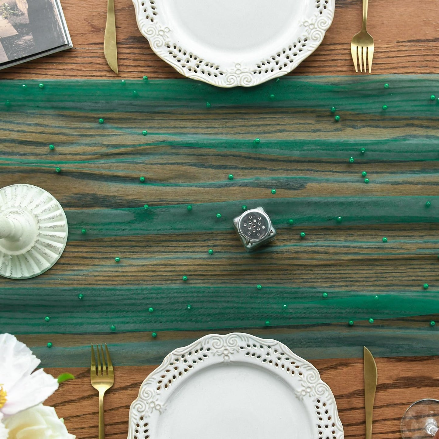 Artoid Mode Pearl Dark Green Gauze Table Runner 120 Inch 10FT, Seasonal Sheer Dining Holiday Wedding Birthday Baby Shower Table Decor for Home Party
