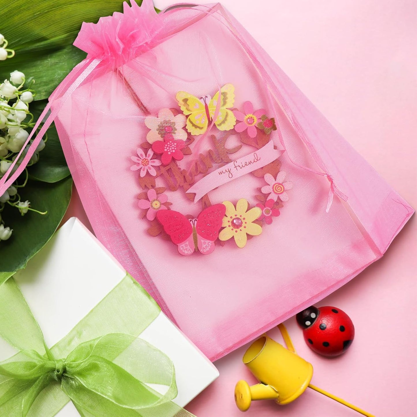 ANZNKU 100 Pack Premium Sheer Organza Bags 6x9 inches Mesh Bags Drawstring, Gift Bag for Party Wedding Christmas, Organza Favor Bag Drawstring(Pink)