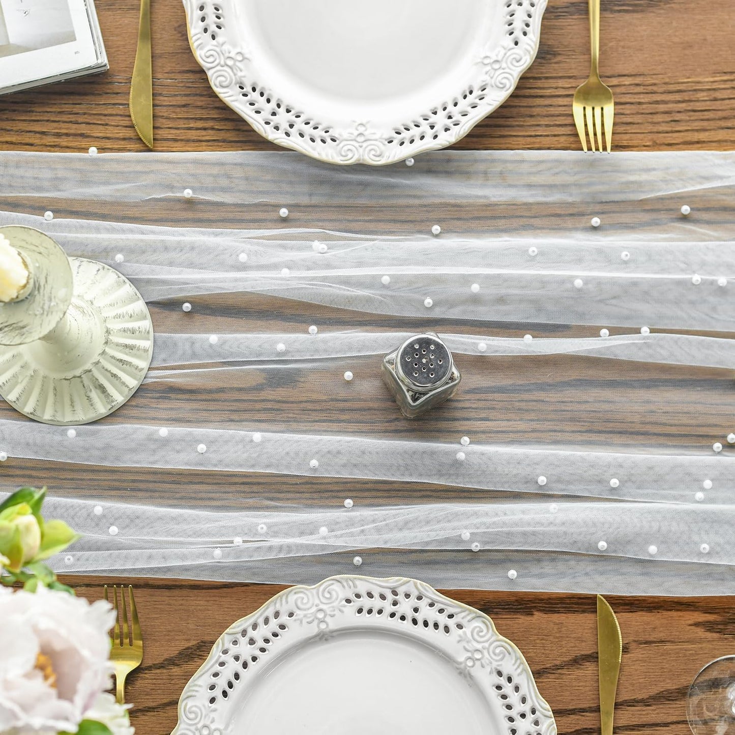 Artoid Mode 6PCS Pearl Gauze Table Runner 120 Inch 10FT, Seasonal Sheer Dining Holiday Wedding Birthday Baby Shower Table Decor for Home Party