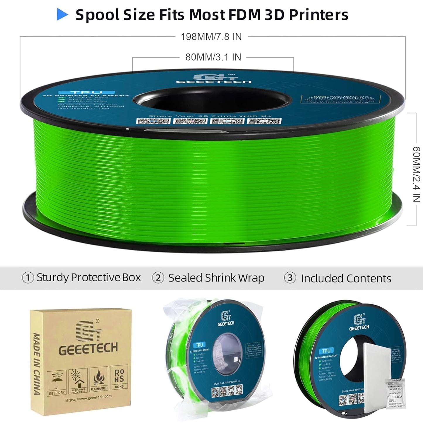 Geeetech TPU Filament 1.75mm, 95A Flexible 3D Printer Filament with High Elasticity, 1KG (2.2lbs) Spool, Dimensional Accuracy ±0.03mm, Fits Most FDM Printers (Clear Green)