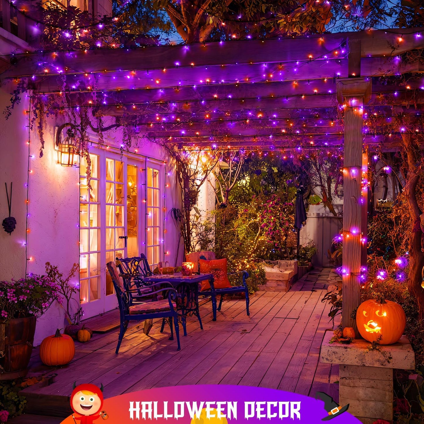 JMEXSUSS Orange and Purple Solar Halloween Lights, 2 Pack Each 100 Led Solar String Lights Outdoor Waterproof for Halloween Tree Christmas Decoration