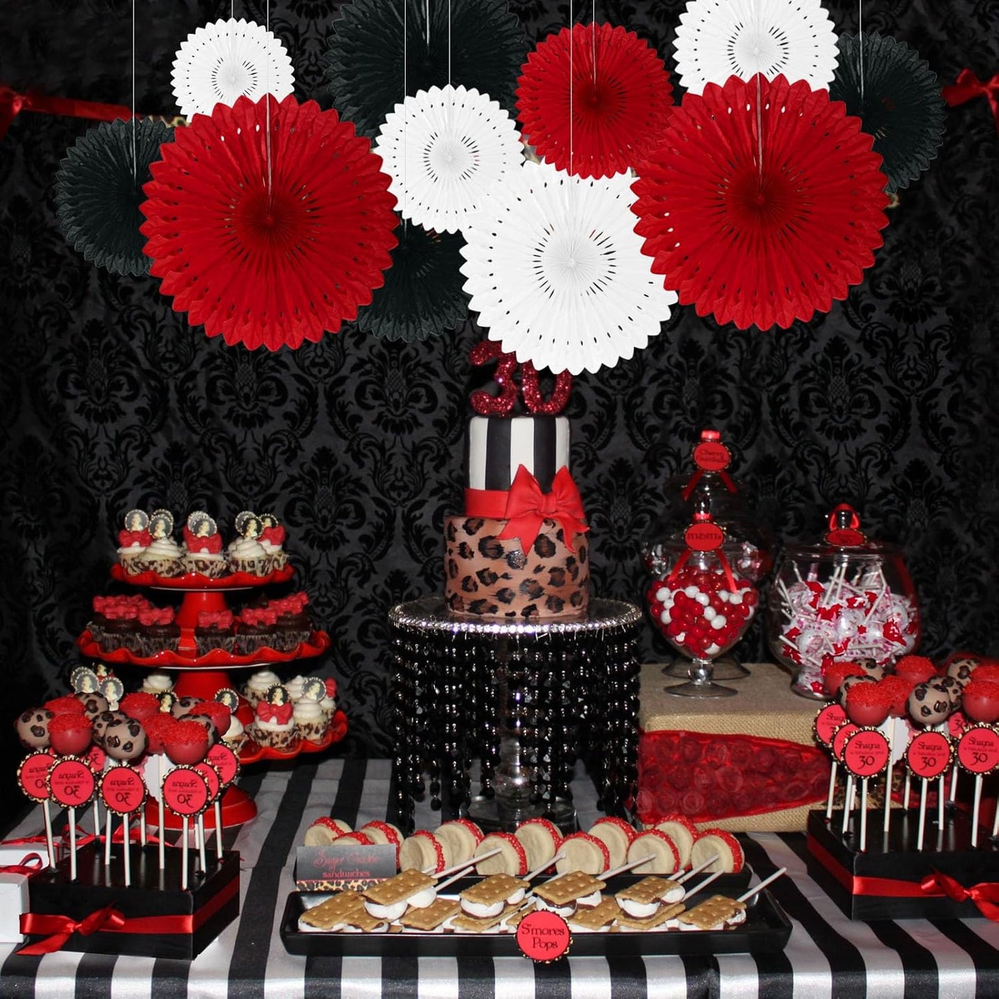 18 Pcs Red White Black Hanging Paper Fan, Hanging Honeycomb Round Paper Fans for Weddings, Birhdays, Christmas, Baby Showers, Classroom, Bachelor Ceiling Party Supplies