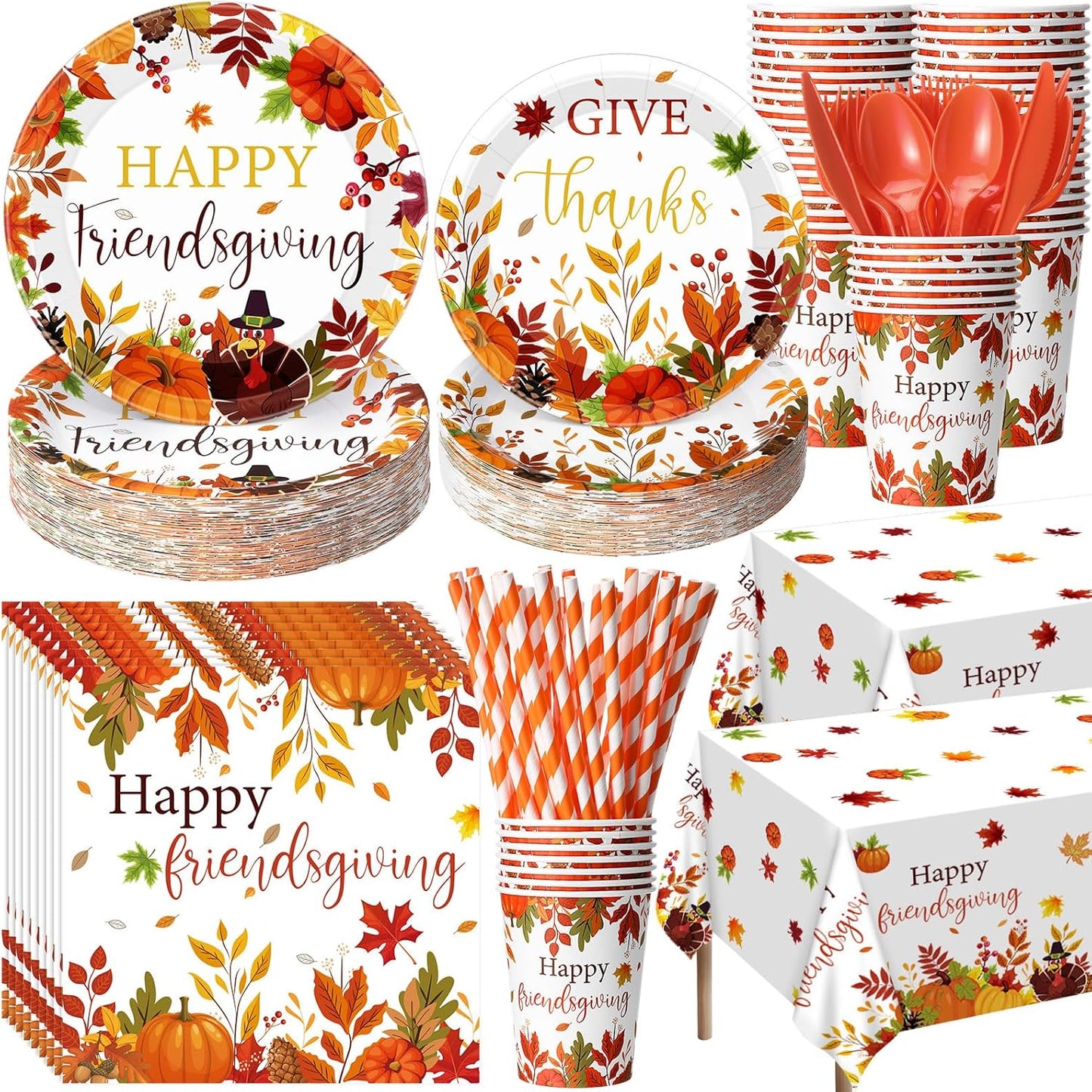 452 Pcs Happy Friendsgiving Party Decorations for 50, Fall Friendsgiving Paper Plates Napkins Cups Tablecloth Cutlery Straws for Autumn Harvest, Give Thanks Friends Giving Party Supplies