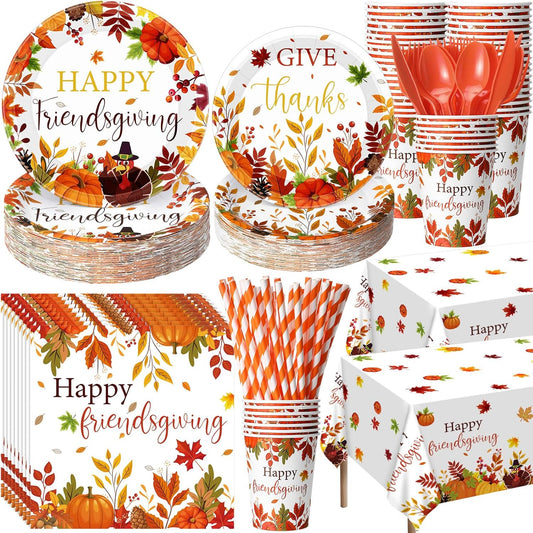 452 Pcs Happy Friendsgiving Party Decorations for 50, Fall Friendsgiving Paper Plates Napkins Cups Tablecloth Cutlery Straws for Autumn Harvest, Give Thanks Friends Giving Party Supplies