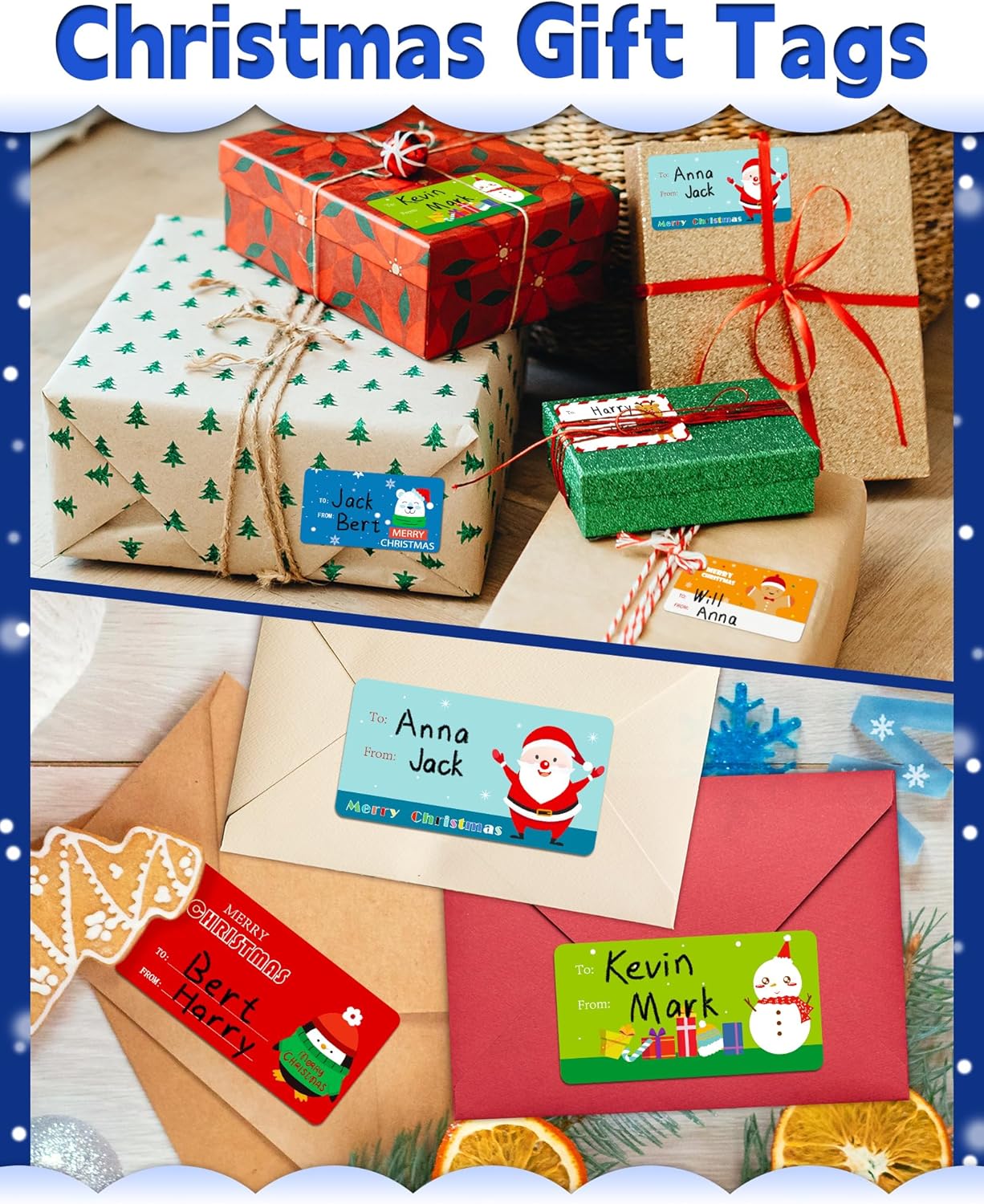Greingways 500 Christmas Name Tags Stickers - Self Adhesive Labels for Gifts, Bags, Boxes, Wrapping Paper, Christmas Gift Tags Xmas Labels for Gifts Bags Boxes Xmas Holiday Wrapping Paper