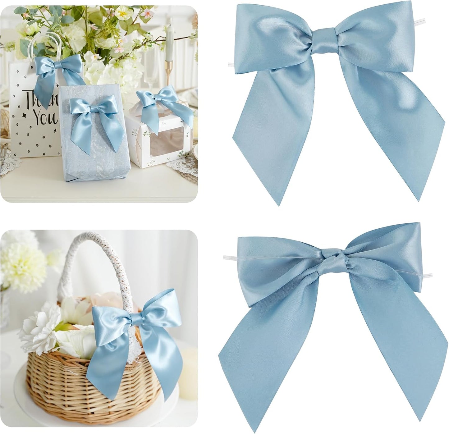 AIMUDI Dusty Blue Satin Bows 5.5" Bows for Gift Wrapping Satin Twist Tie Bows Premade Ribbon Bows for Treat Bags Invitations Baskets Wreaths Crafts Wedding Birthday Baby Shower Decorations, 24 PCs