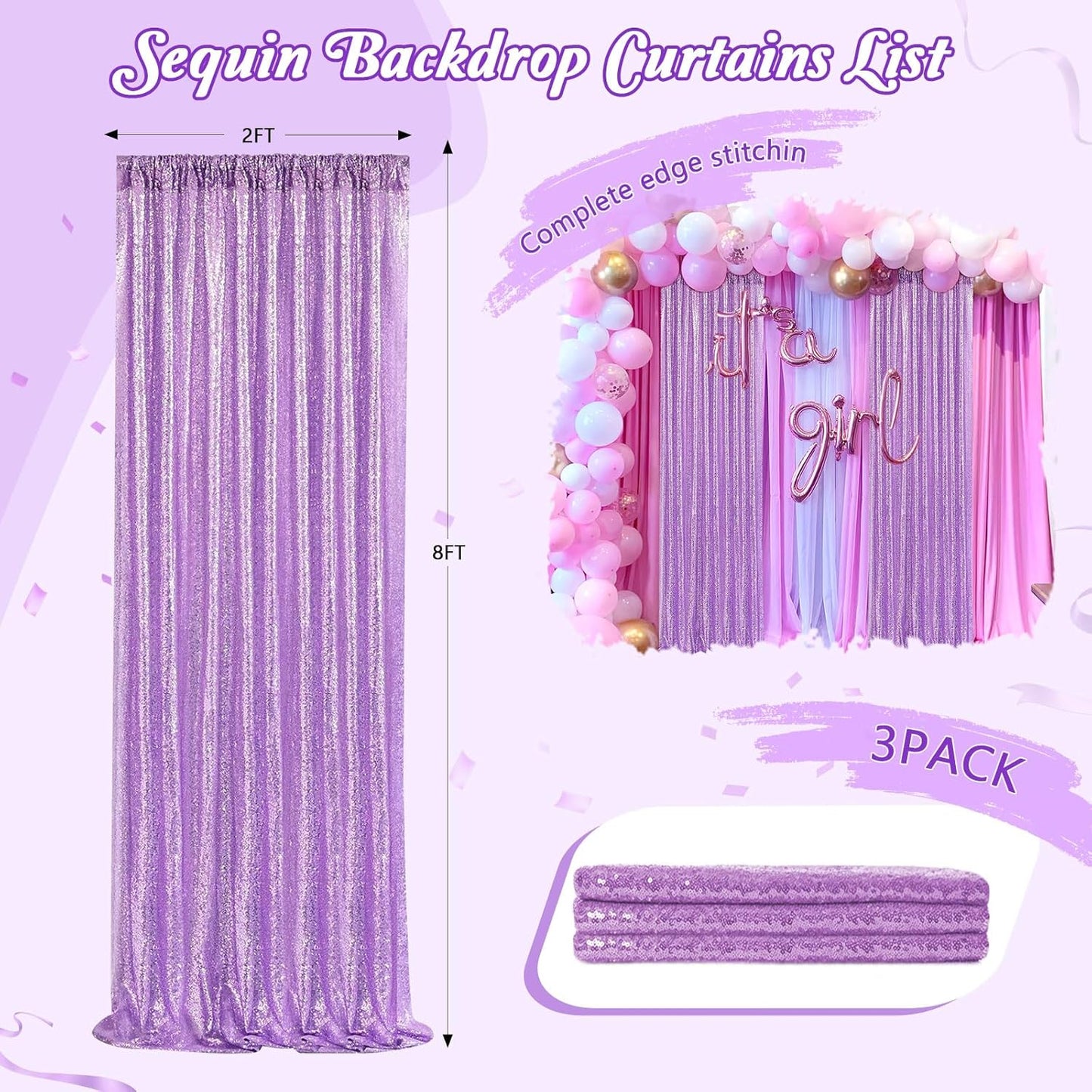 Glitter Curtain Backdrop Sequin Panels: Light Purple Sequin Background Drapes 2FTx8FT Sparkle Fabric Baby Bridal Shower Party Decorations