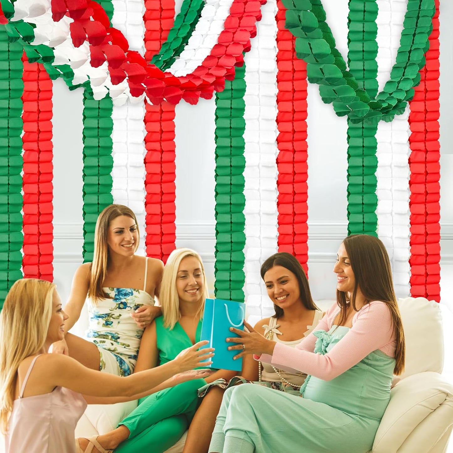 12Pcs Red White and Green Party Decorations, Hanging Paper Streamers Garland for Birthday Wedding Baby Shower Mexican Italian Themed Christmas Party Decorations