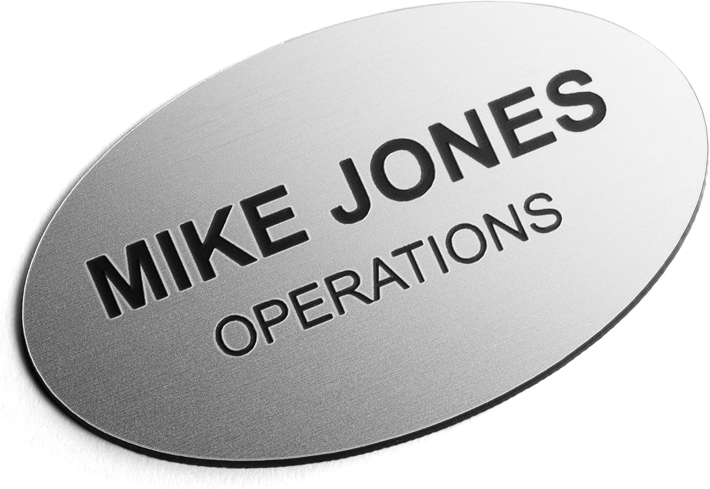 Custom Engraved Name Tag Badges – Personalized Identification with Pin or Magnetic Backing, 2.8 Inch Oval, Radiant Silver/Black