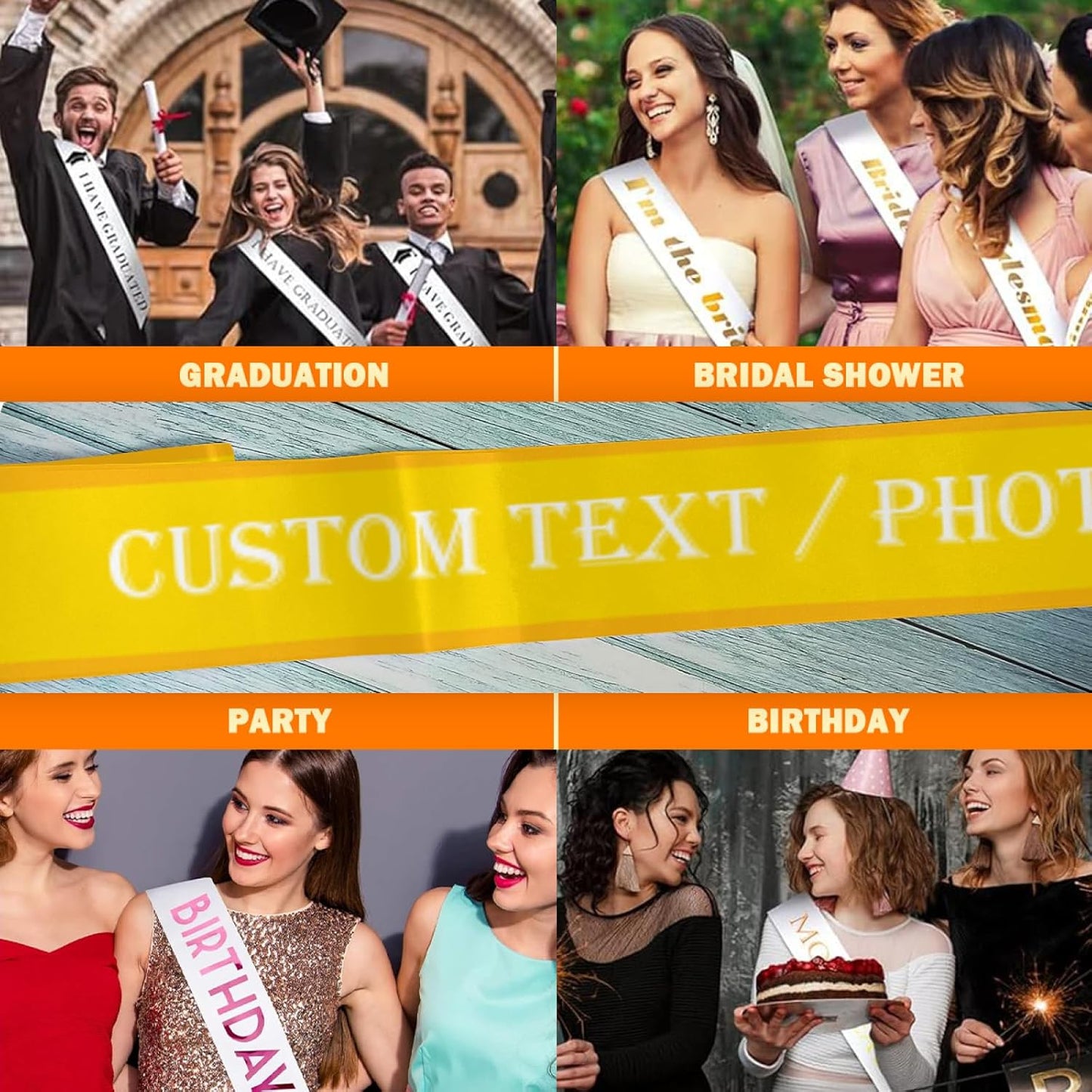 Custom Sash,Personalized Birthday Sash with Text Photo,Customized Bachelorette Sash Quote Sash Bride to Be Sash Color Optional (With decorative edge, Yellow)