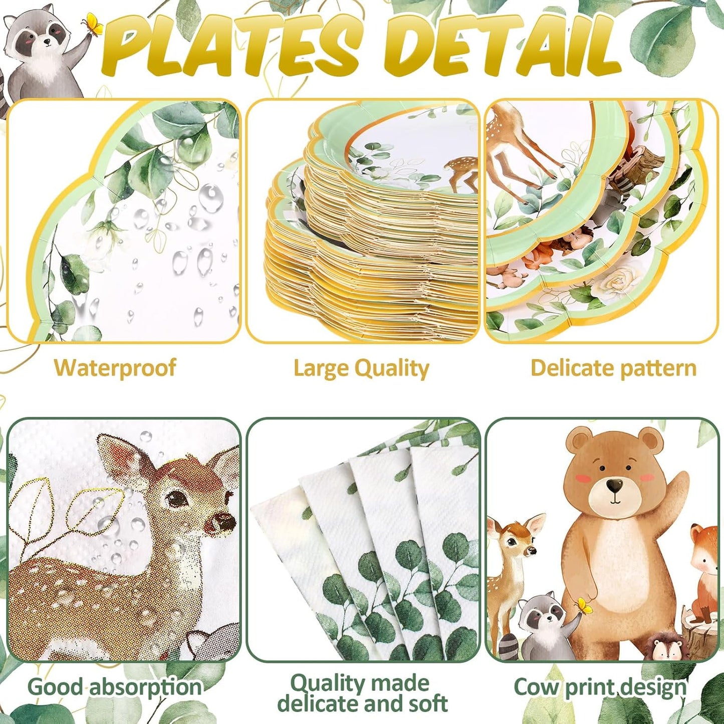 452 Pcs Woodland Party Decoration for 50, Woodland Animal Baby Shower Paper Plates Napkins Cups Tablecloth Cutlery Straws for Forest Wild Safari Birthday Gender Reveal Party Supplies