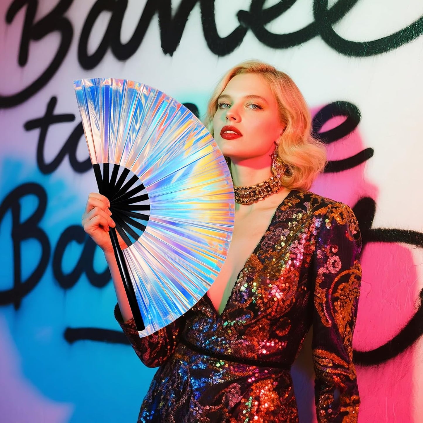 2pcs Rave Fans with Holsters 13 inches Large Folding Fan for Line Dancing Holographic Laser Clacks Fan Popping Fans for Music Festival Outfits Party Club Home Decoration