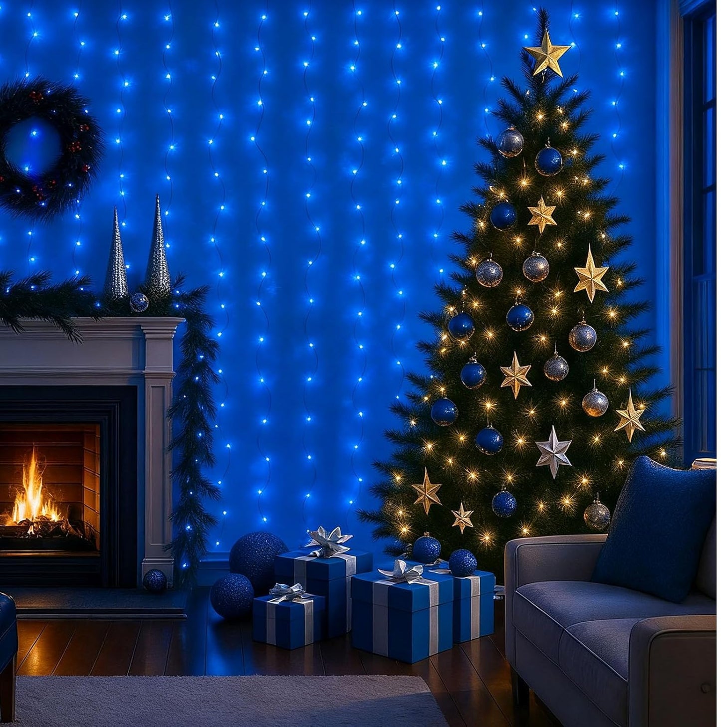 DomeStar 300 LED Fairy Curtain Lights, 9.8ft x 9.8ft Battery Operated with 8 Modes Remote Christmas Waterproof String Hanging Lights for Bedroom Patio Garden Party Wedding Wall Decor (Blue)