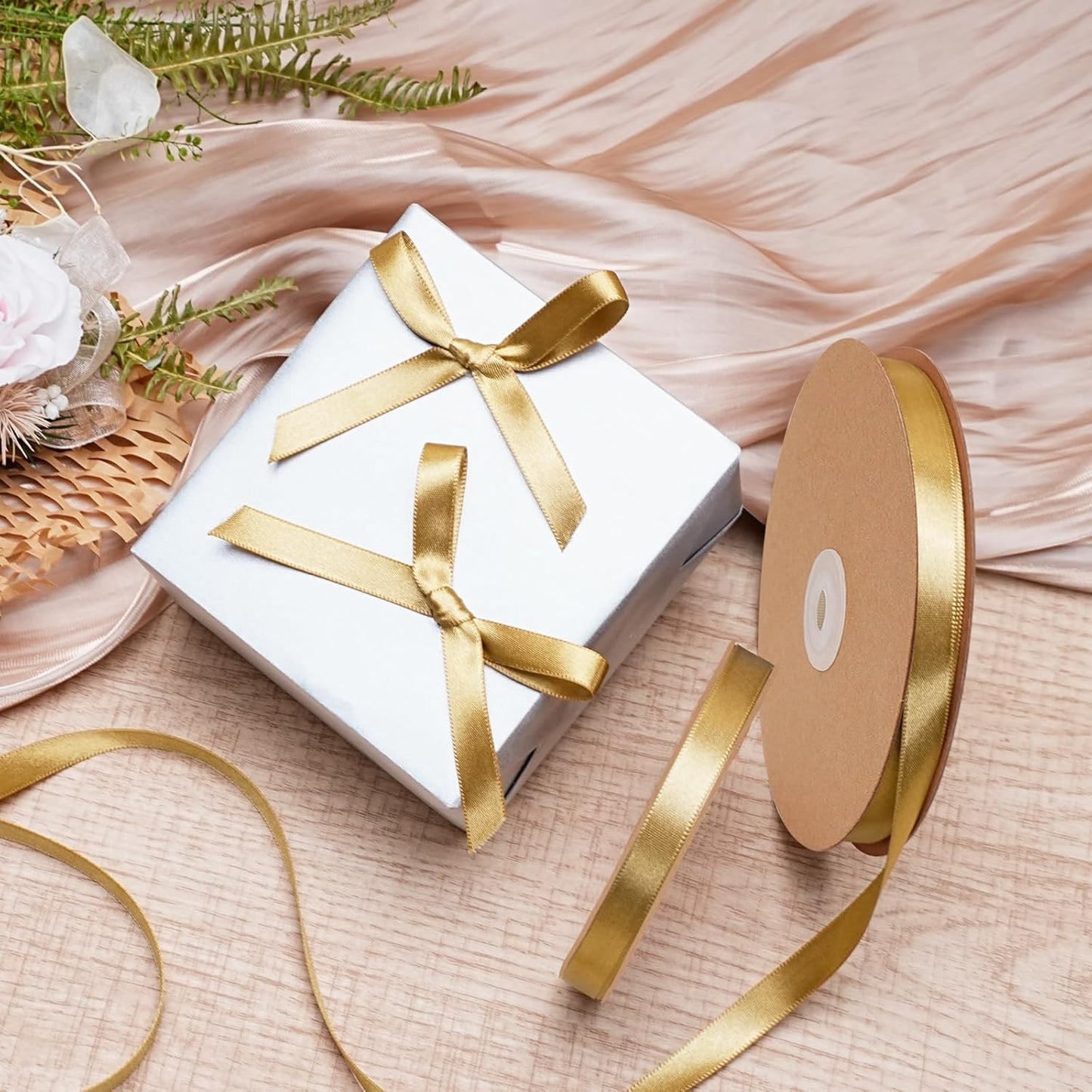 LaRibbons Pale Gold Satin Ribbon 3/8 Inch 25 Yards Luxury Double Faced Gold Silk Ribbon for Flower Bouquet Crafts Gift Wrapping Wedding Party Decoration