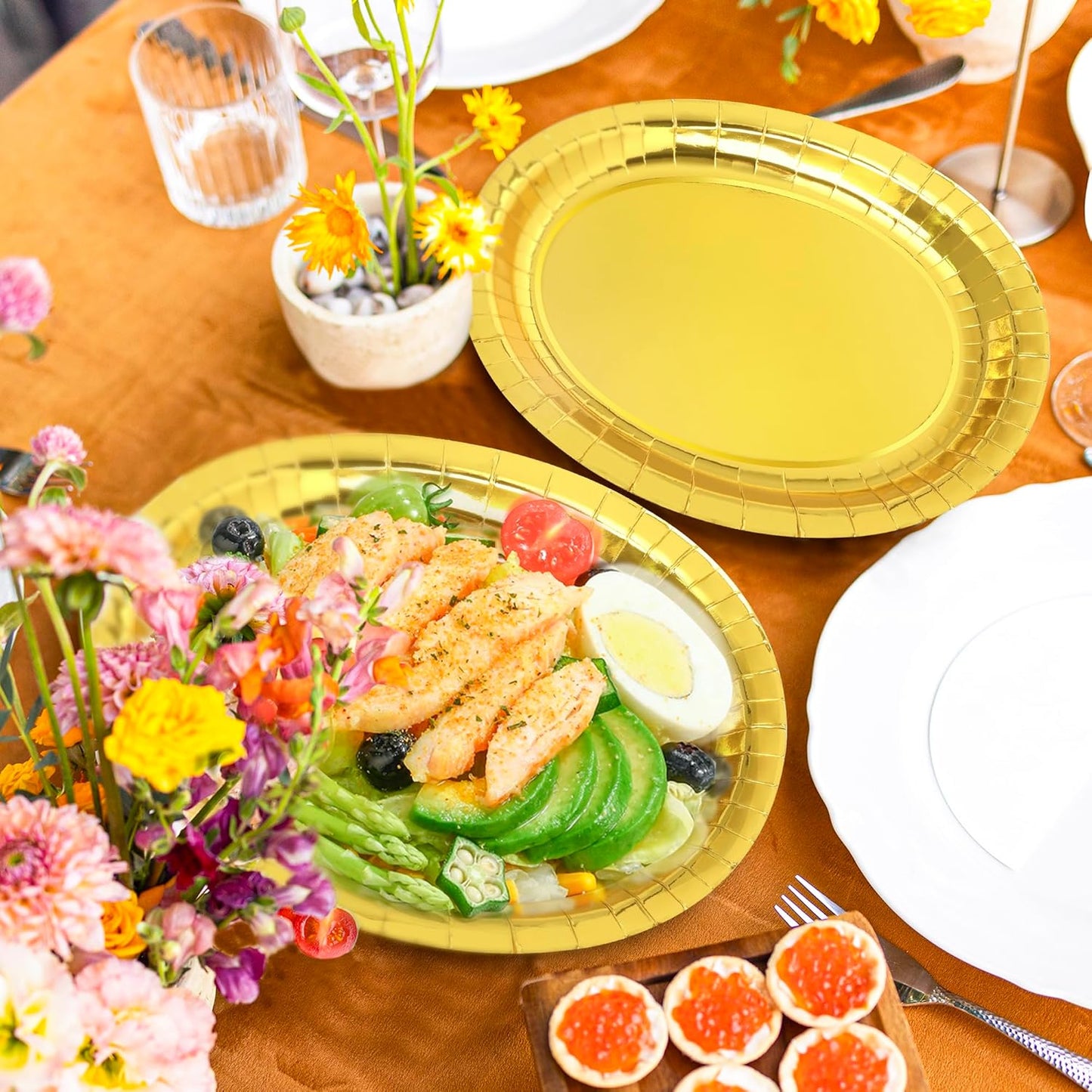 QZYL 50 Pcs Gold Foil Paper Plates, 12.2'' X 10.2'' Oval Large Paper Plates, Dinner Plates Party Decorations Disposable Plates for Birthday Wedding Picnic Graduation Ceremony Anniversary Daily Use