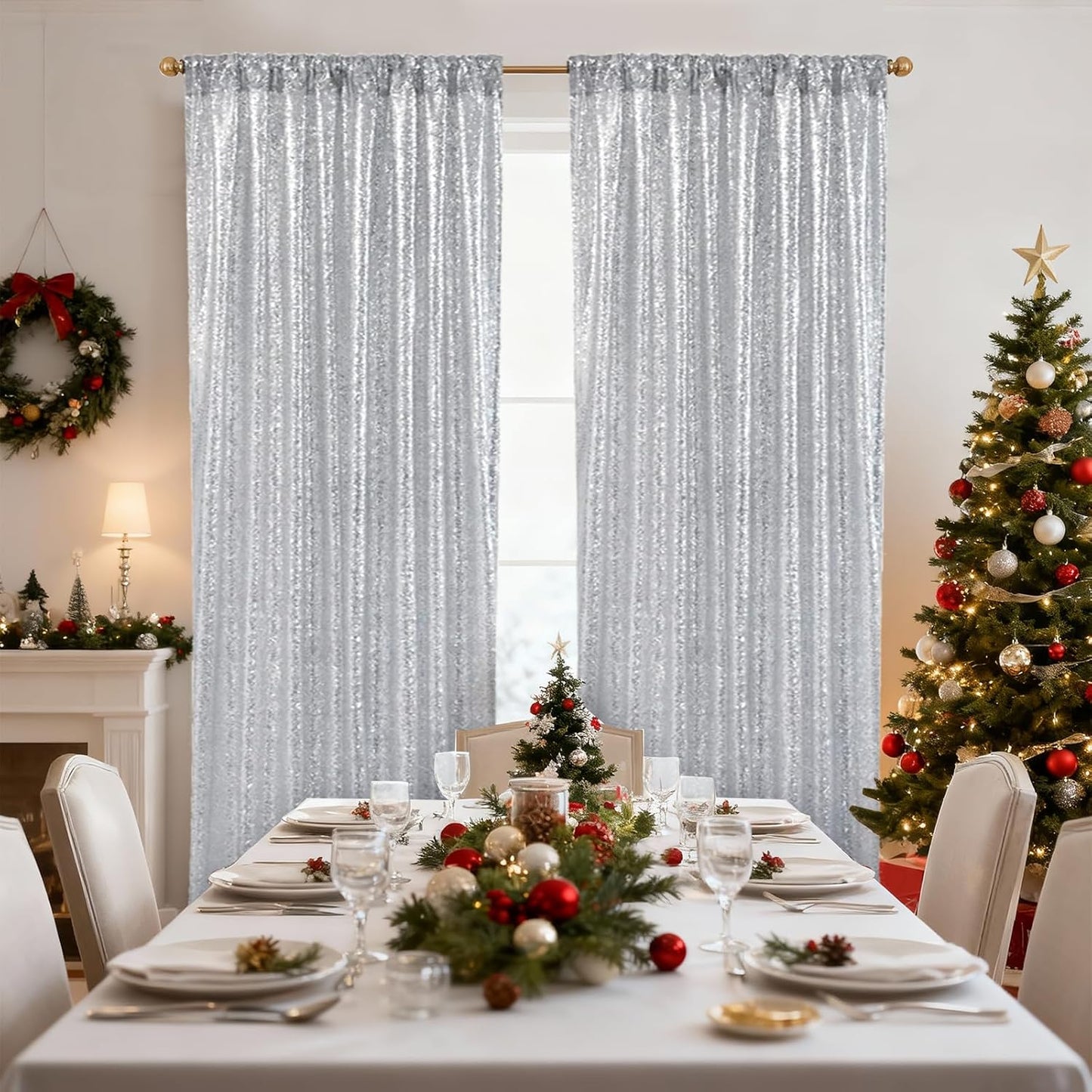 SquarePie Sequin Backdrop Non-Transparent Background Sparkly Curtain for Wedding Party 2FT x 8FT Silver 2pcs