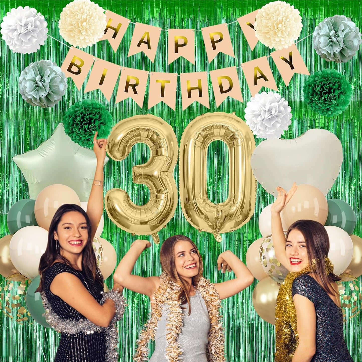 Sage Green 30th Birthday Decorations for Him Gold Number 30 Balloon Nude Gold Happy Birthday Banner Fringe Curtain Paper Pom Poms Olive Green Cream White Sand Star Foil Balloons Party Decor