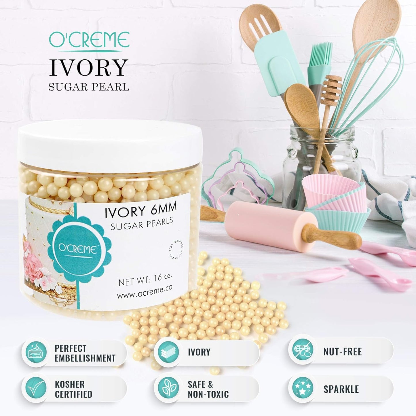 O'Creme Ivory Edible Sugar Pearls Cake Decorating Supplies for Bakers: Cookie, Cupcake & Icing Toppings, Beads Sprinkles For Baking, Certified, Candy Sugar Ball Accents (4mm, 8 Oz)