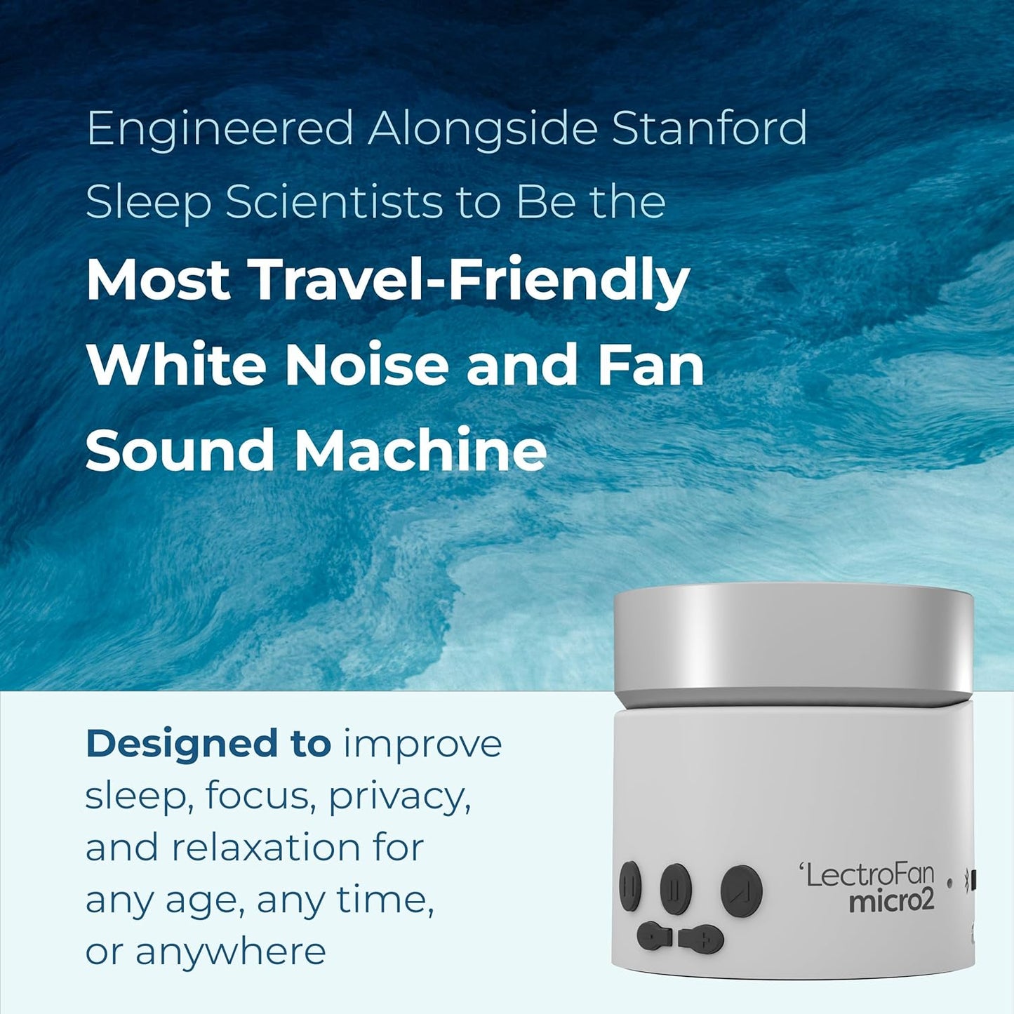 Adaptive Sound Technologies LectroFan Micro 2 - Portable Bluetooth Speaker & White Noise Machine - Compact Sound Machine for Travel - 11 Non-Looping Sounds for Sleep Support - White