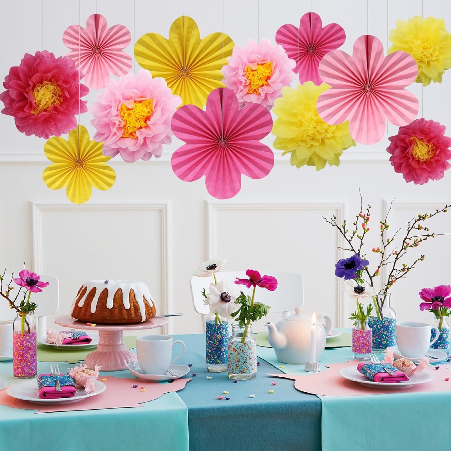 BestoFun 12PCS Paper Flowers Fans Hot Pink Yellow Party Decorations Tissue Paper Flowers Decorations for Girl Groovy Birthday Baby Shower Wedding Bachelorette Room Wall Hanging Décor