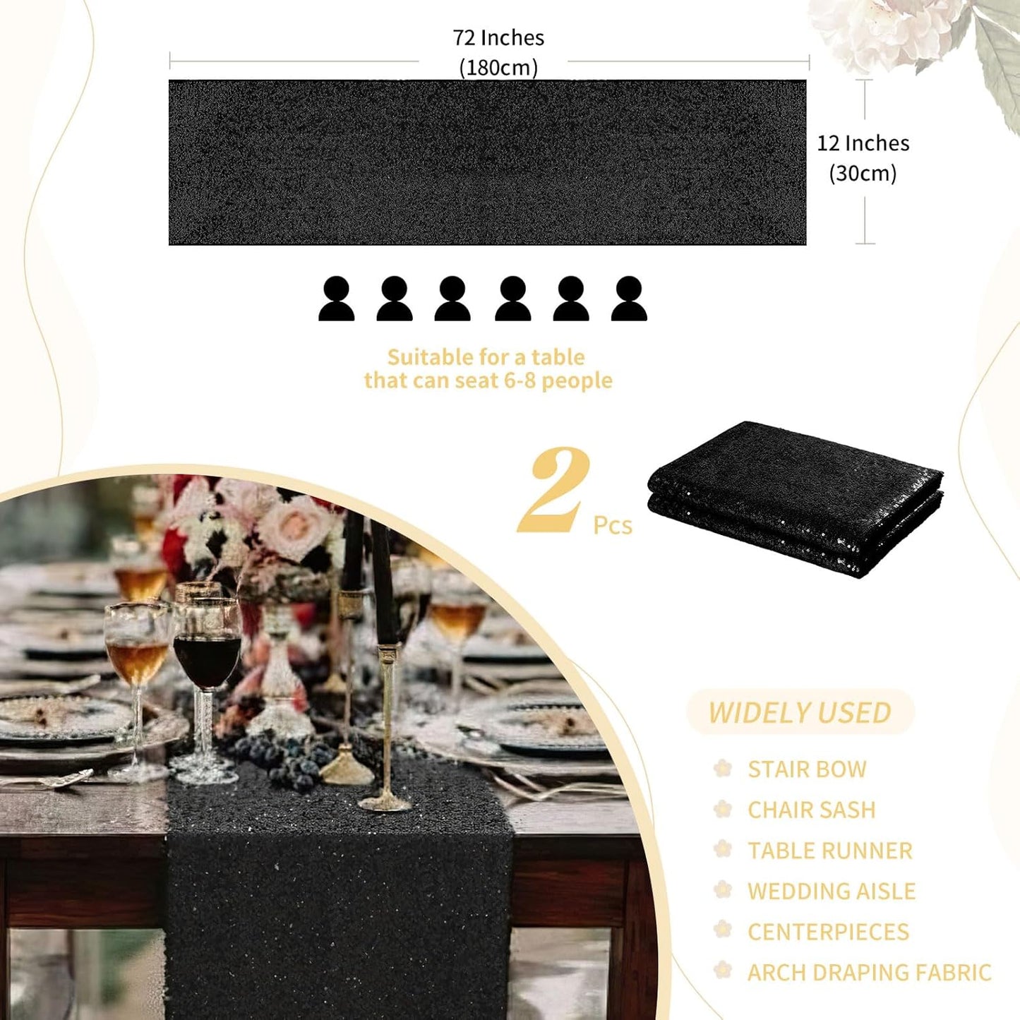 Sequin Table Runners 2 Pieces Black Table Runners 12x72Inch Glitter Dining Table Cover for Party Wedding Birthday Reception Banquet Decoration Halloween Party Chair Sashes