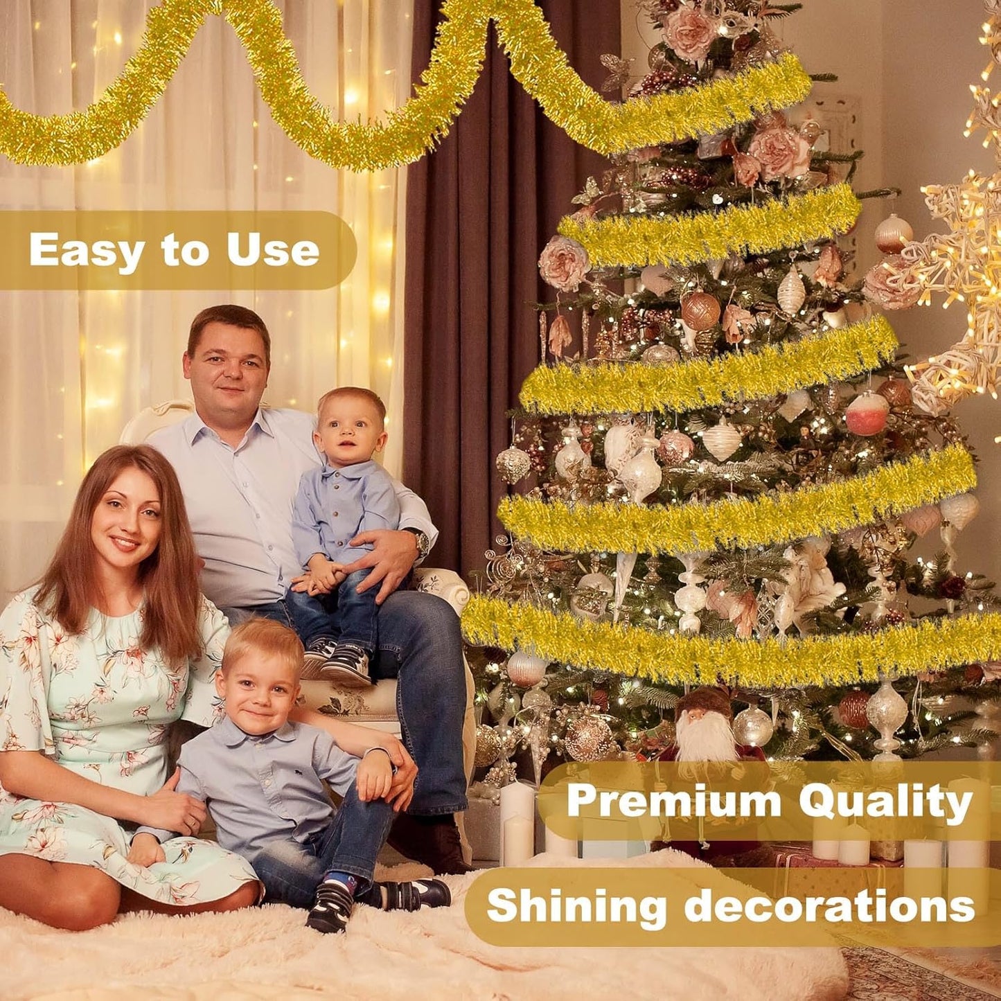 50 Feet Gold Christmas Tinsel Garland, Metallic Foil Twist Banner Wall Hanging Tinsel Streamers Backdrop for Parade Floats, Christmas, Mother's Day, Birthday Party Decorations(2in x 50ft)